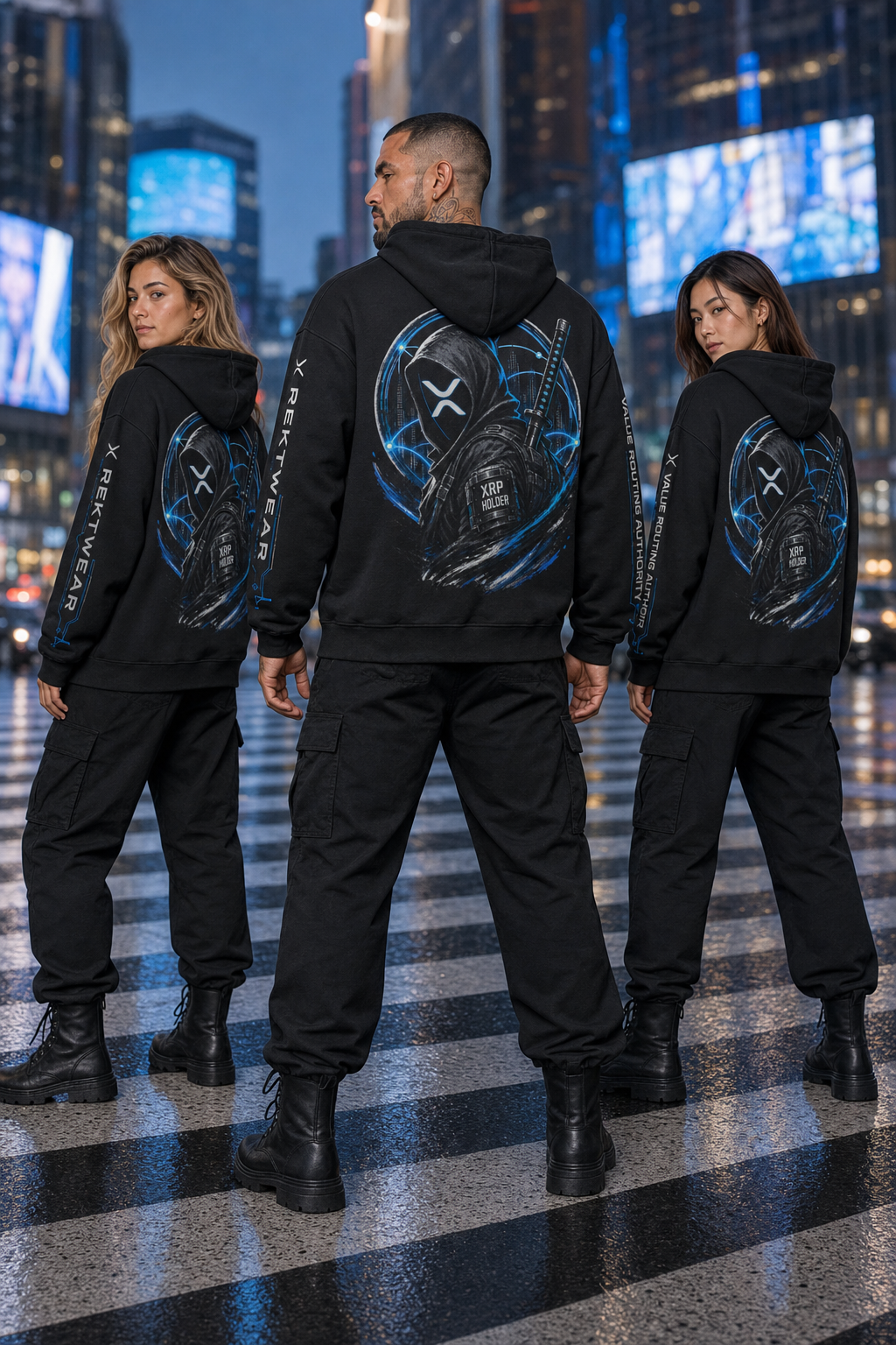 Three models wearing black XRP Ronin Holder Series hoodies in Tokyo