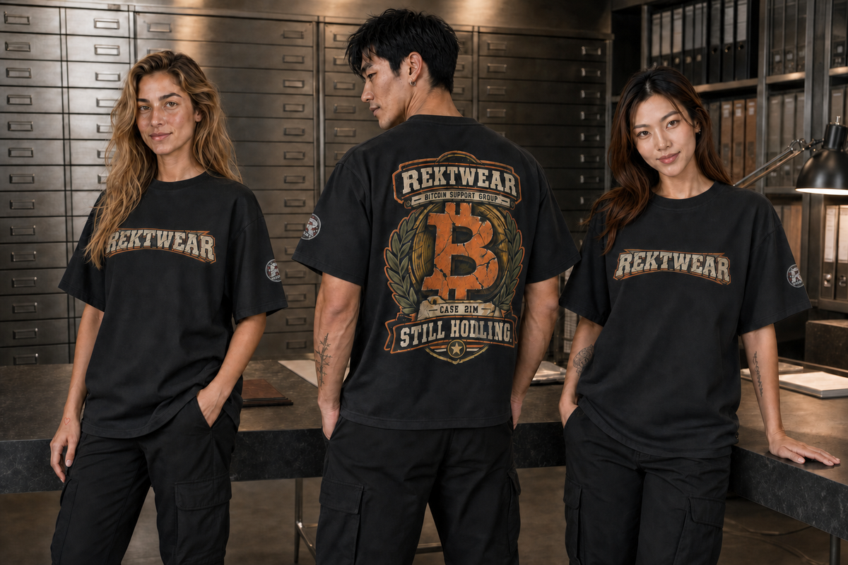 Three REKTWEAR models wearing black Case 21M Bitcoin Holder Series tees in a records archive, showing the front and back artwork.