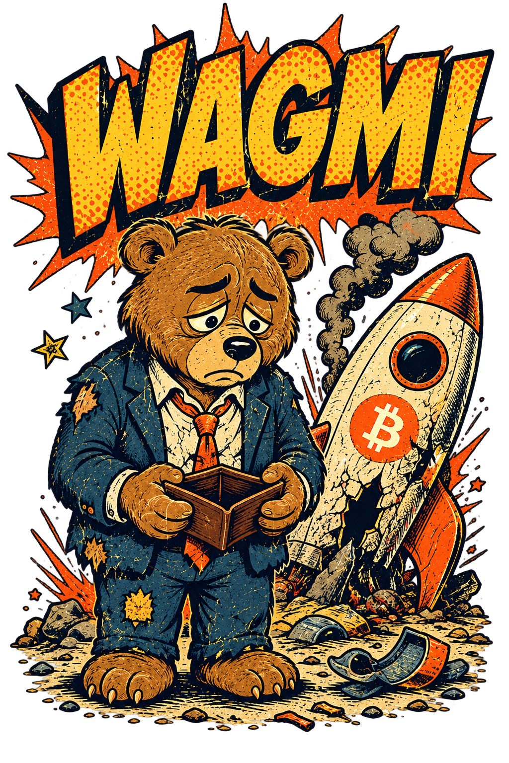 WAGMI Bear holding an empty wallet beside a ruined crypto rocket.