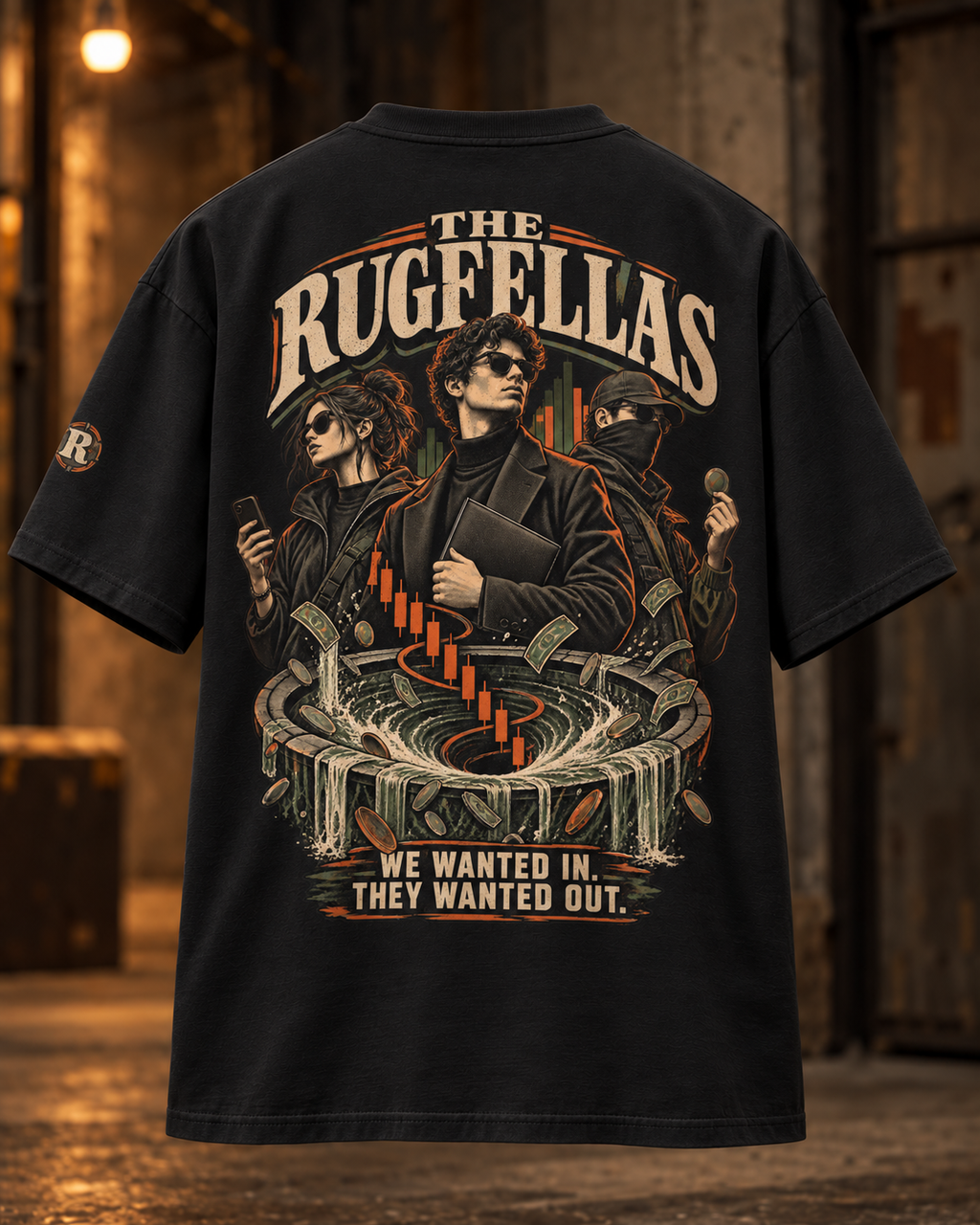 Back of The Rugfellas black T4 425GSM oversized tee, showing the cream, orange and olive artwork and small left-sleeve Cracked-R badge.