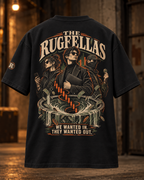 Back of The Rugfellas black T4 425GSM oversized tee, showing the cream, orange and olive artwork and small left-sleeve Cracked-R badge.