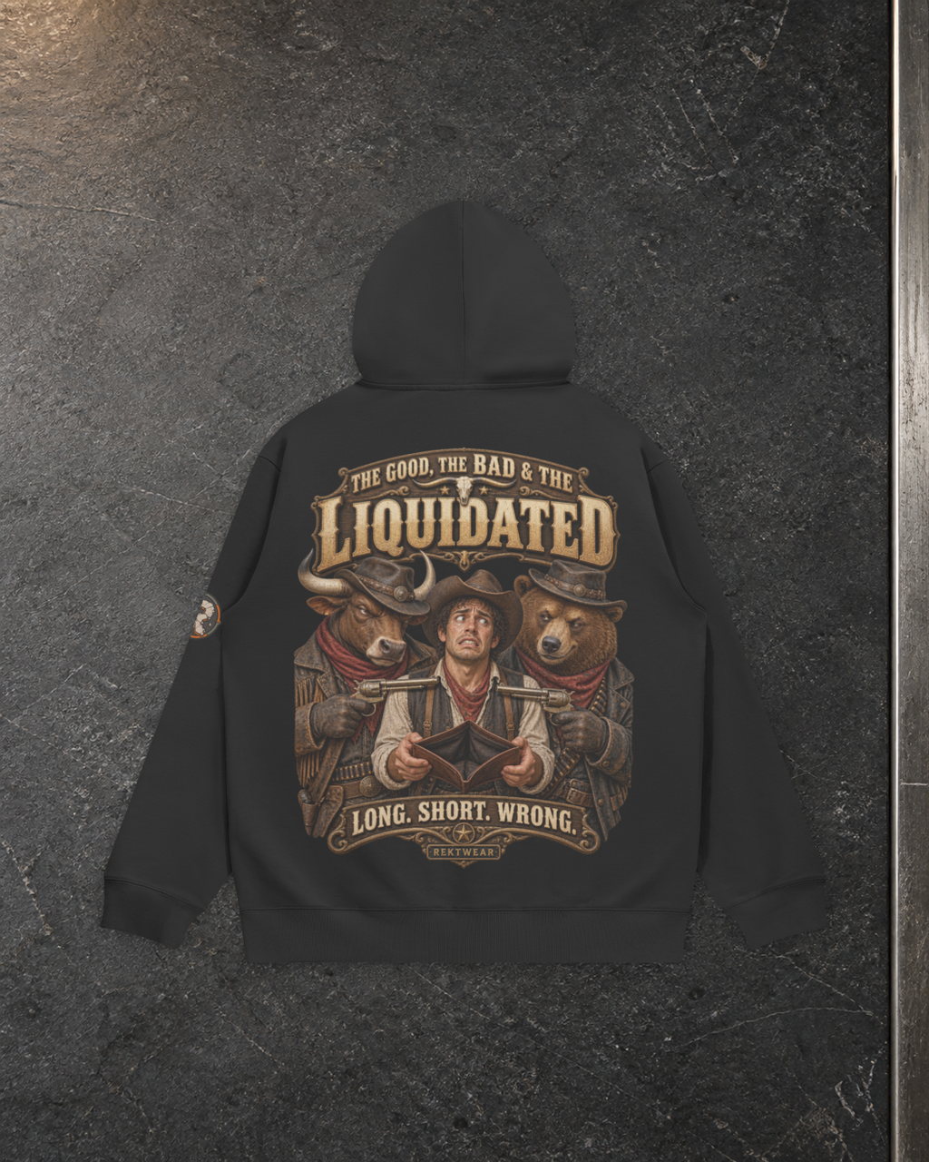Rear view of The GOOD, the BAD & the Liquidated black H1 380GSM boxy relaxed hoodie, showing the Western back graphic and printed sleeve badge.