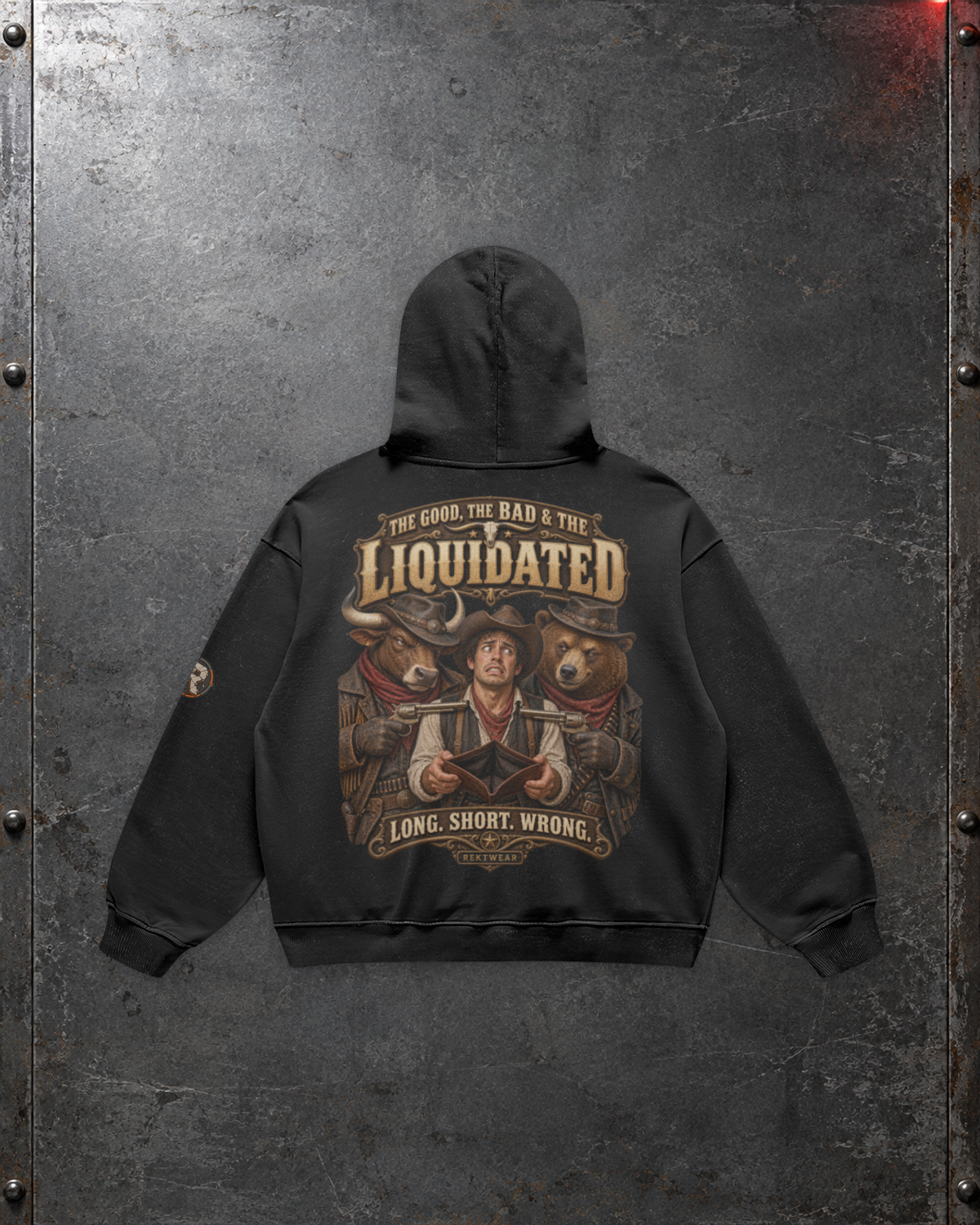 Rear view of The GOOD, the BAD & the Liquidated H3 Faded Black 440GSM oversized Retro hoodie, with the full Western graphic and printed sleeve badge.