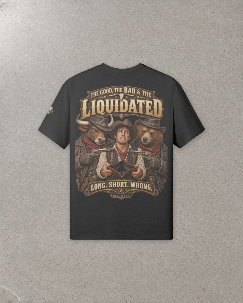 Rear view of The GOOD, the BAD & the Liquidated T1 black 180GSM tee, with the Western bull, trader and bear graphic and printed sleeve badge.
