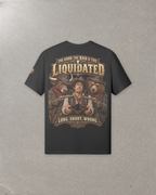 Rear view of The GOOD, the BAD & the Liquidated T1 black 180GSM tee, with the Western bull, trader and bear graphic and printed sleeve badge.