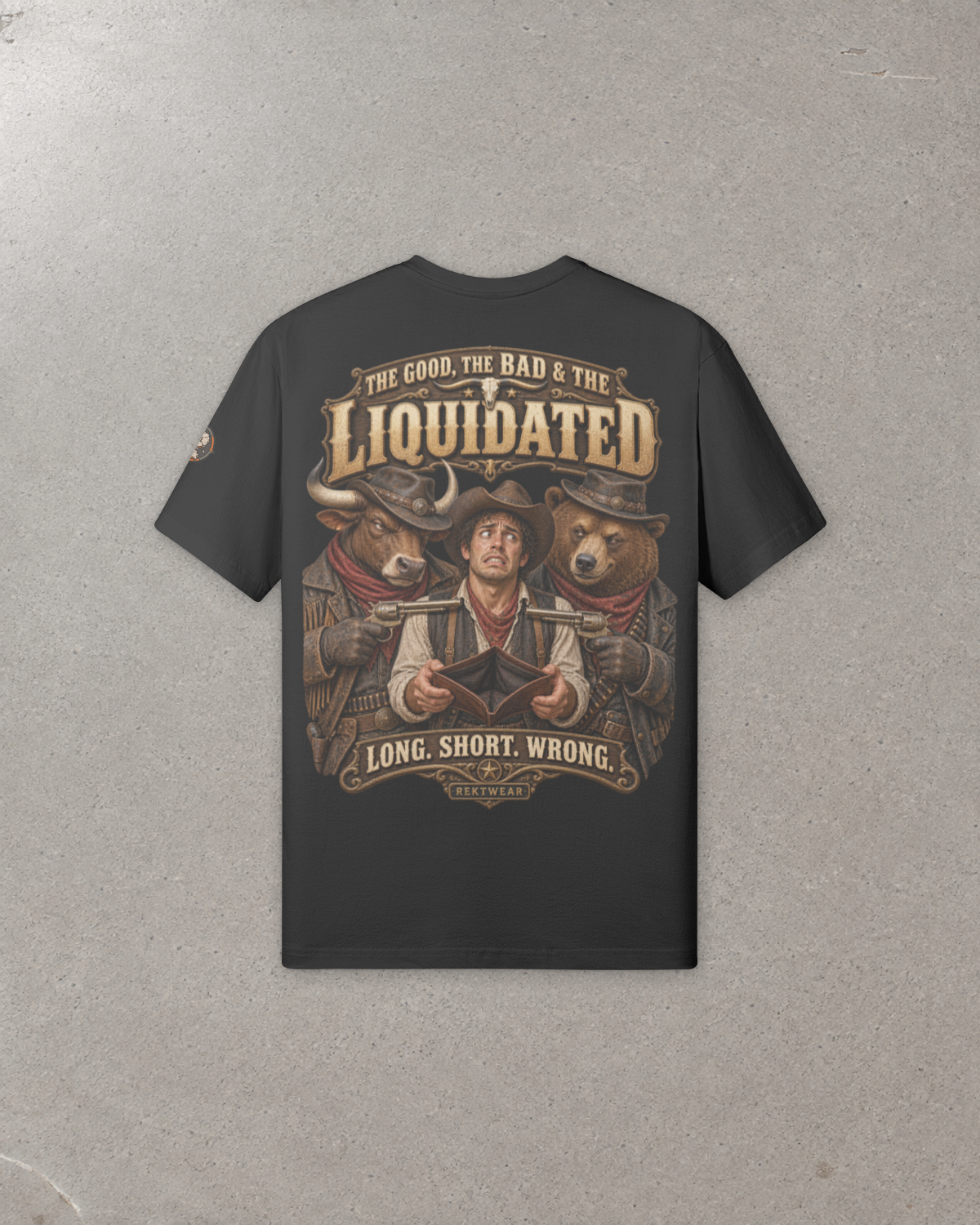 Rear view of The GOOD, the BAD & the Liquidated T1 black 180GSM tee, with the Western bull, trader and bear graphic and printed sleeve badge.