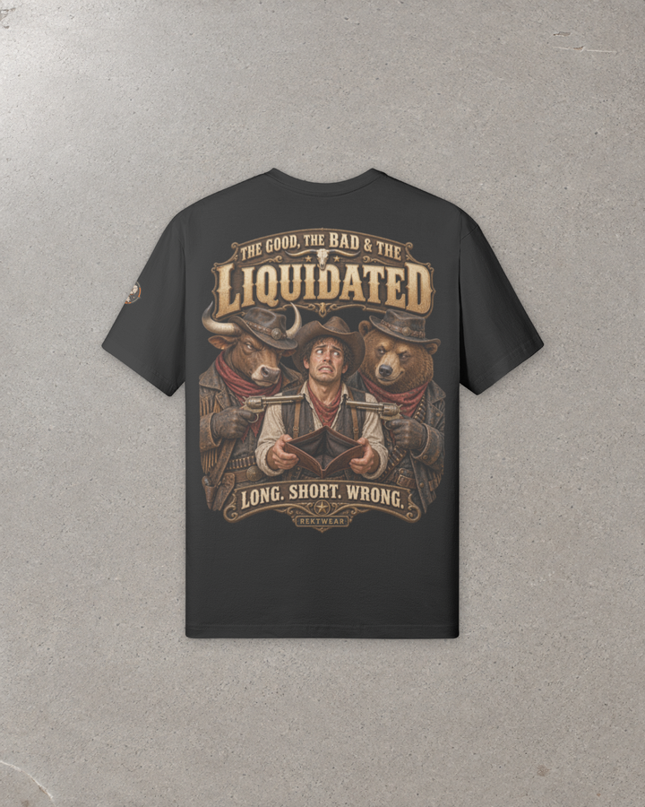 Rear view of The GOOD, the BAD & the Liquidated T1 black 180GSM tee, with the Western bull, trader and bear graphic and printed sleeve badge.