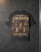 Rear view of The GOOD, the BAD & the Liquidated T2 black 240GSM boxy tee, showing the Western back graphic and printed sleeve badge.