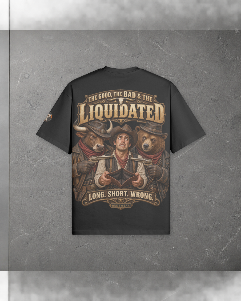 Rear view of The GOOD, the BAD & the Liquidated T3 black 305GSM oversized tee, with the full Western graphic and printed sleeve badge.