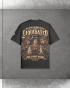 Rear view of The GOOD, the BAD & the Liquidated T3 black 305GSM oversized tee, with the full Western graphic and printed sleeve badge.