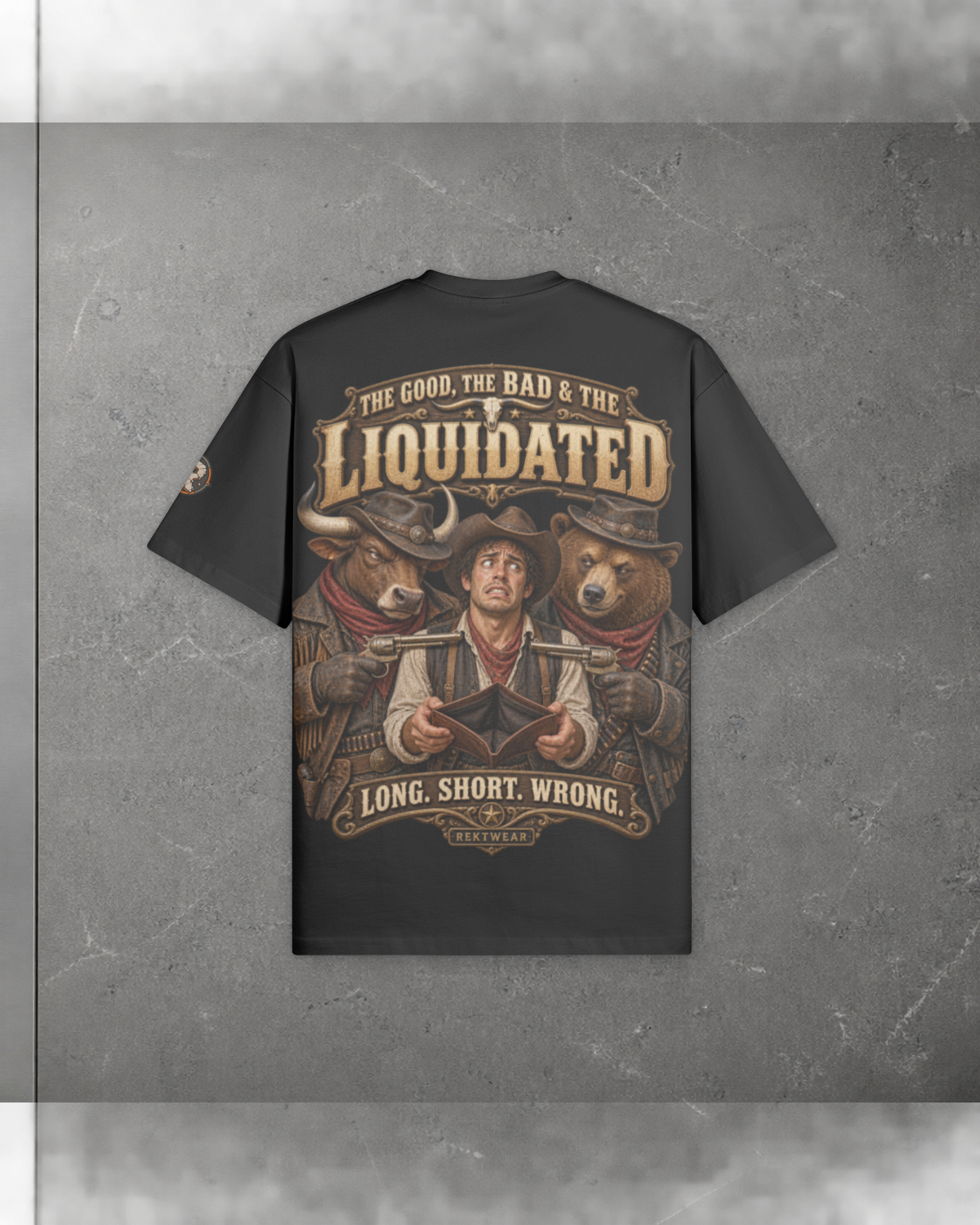 Rear view of The GOOD, the BAD & the Liquidated T3 black 305GSM oversized tee, with the full Western graphic and printed sleeve badge.