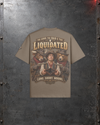 Rear view of The GOOD, the BAD & the Liquidated T4 Brown 425GSM oversized tee, showing the full Western graphic and printed sleeve badge.