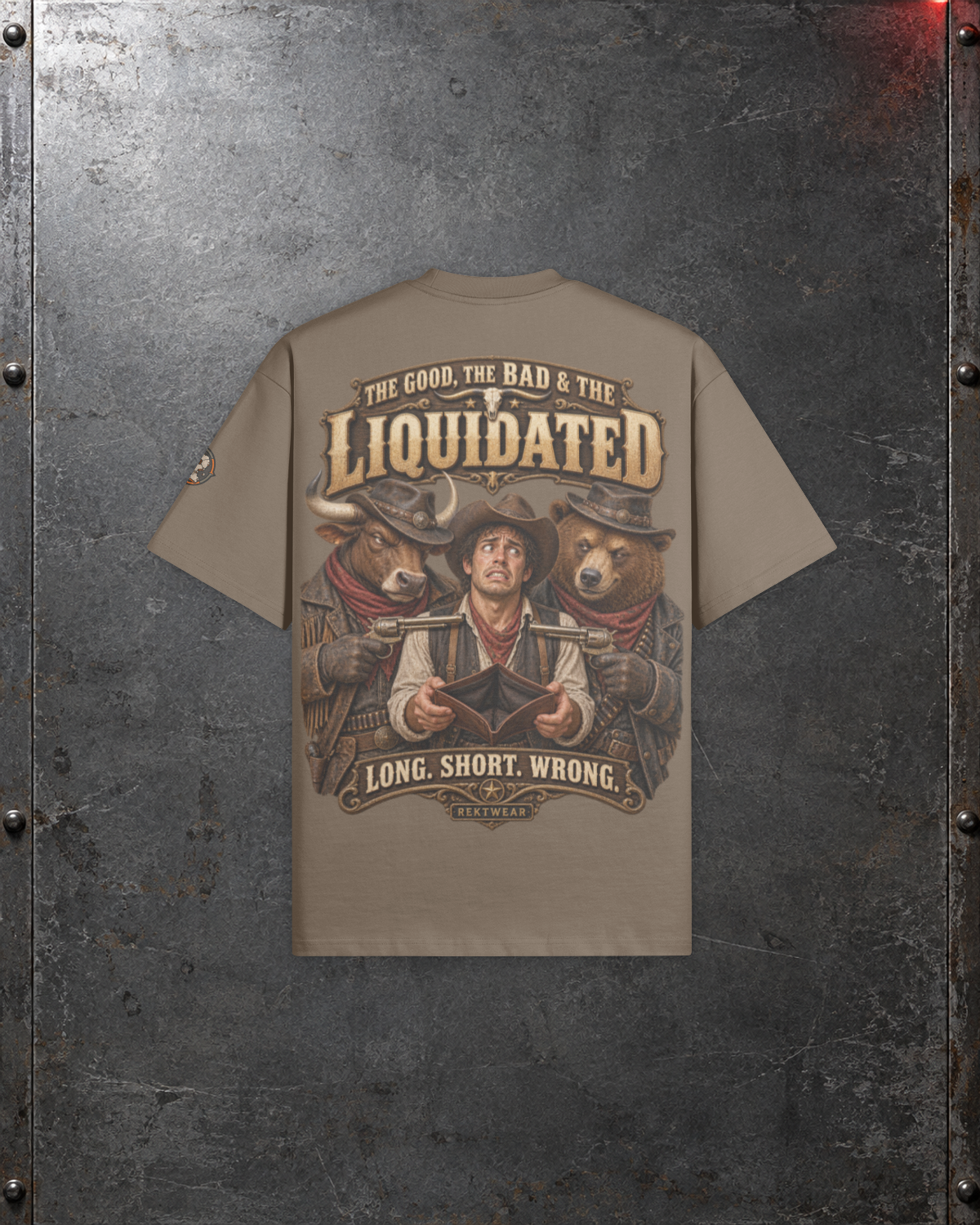 Rear view of The GOOD, the BAD & the Liquidated T4 Brown 425GSM oversized tee, showing the full Western graphic and printed sleeve badge.
