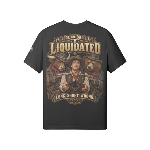 The GOOD, the BAD & the Liquidated 180GSM classic tee in Black, rear view showing the full Western graphic.
