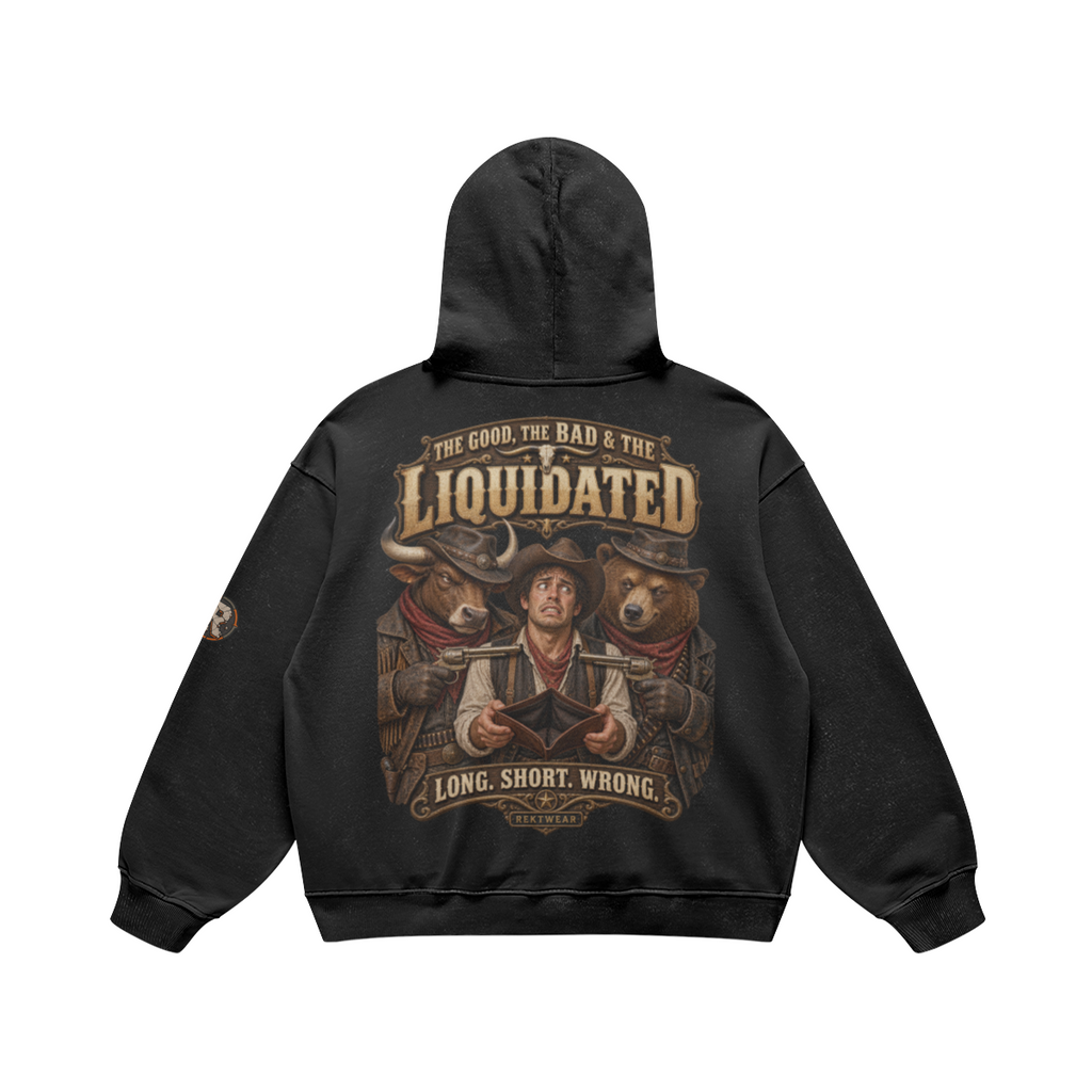 Rear flat lay of The GOOD, the BAD & the Liquidated 440GSM Retro hoodie in Faded Black, showing the full Western graphic.