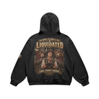 Rear flat lay of The GOOD, the BAD & the Liquidated 440GSM Retro hoodie in Faded Black, showing the full Western graphic.