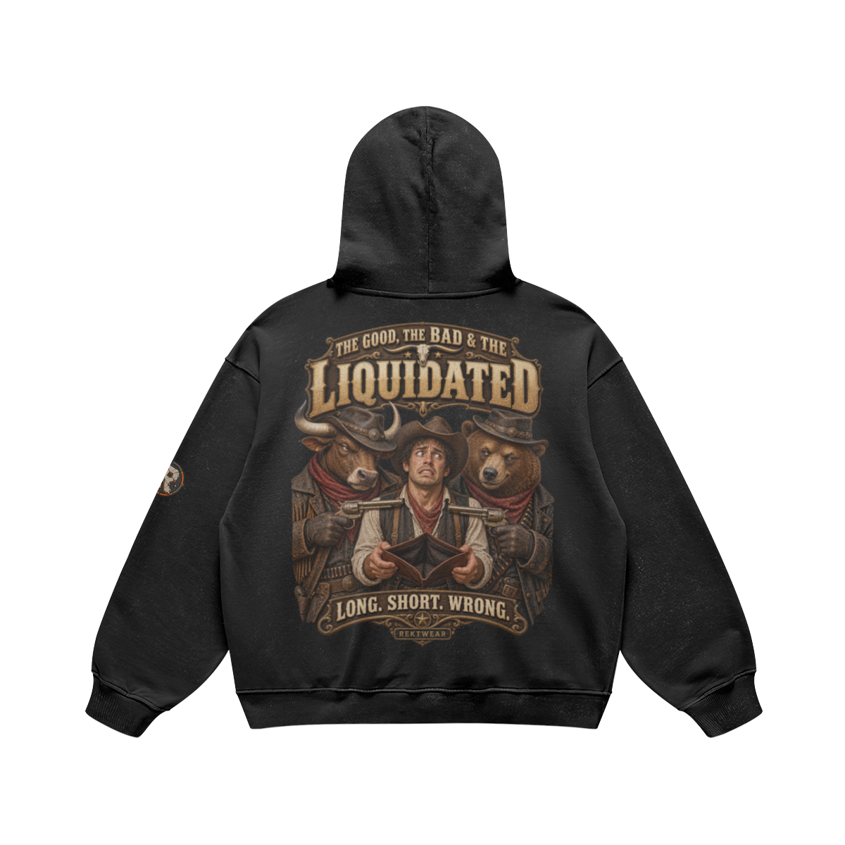 Rear flat lay of The GOOD, the BAD & the Liquidated 440GSM Retro hoodie in Faded Black, showing the full Western graphic.