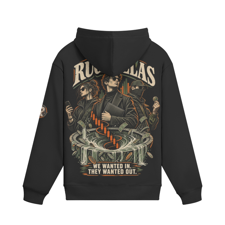 Black T2 380GSM drawstring hoodie with The Rugfellas full-back crypto streetwear artwork