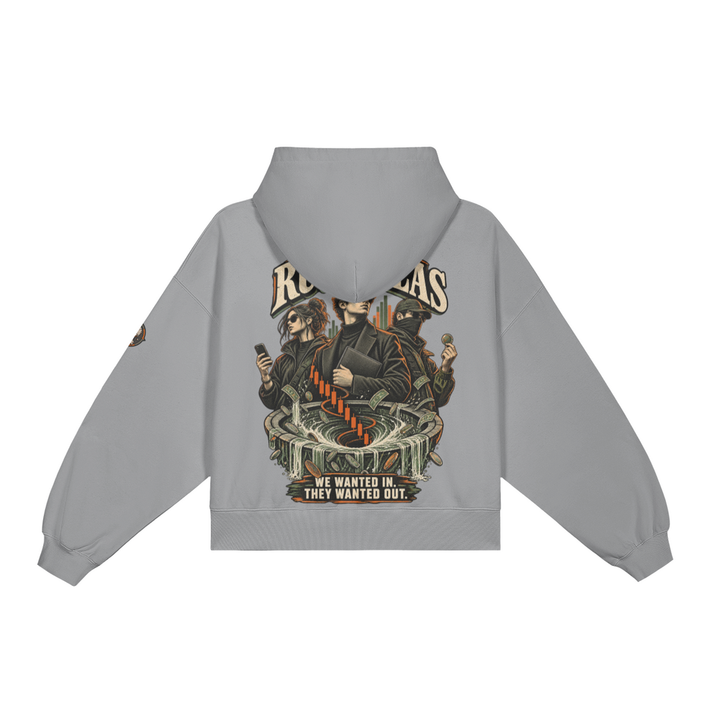 Medium Gray T3 420GSM classic boxy hoodie with The Rugfellas full-back crypto streetwear artwork