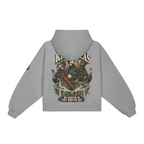 Medium Gray T3 420GSM classic boxy hoodie with The Rugfellas full-back crypto streetwear artwork