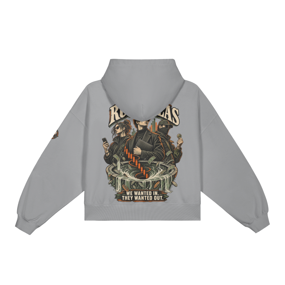 Medium Gray T3 420GSM classic boxy hoodie with The Rugfellas full-back crypto streetwear artwork