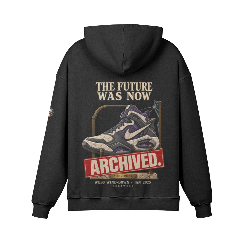 Faded Black T4 440GSM Retro hoodie with The Future Was Now: Archived full-back crypto streetwear artwork