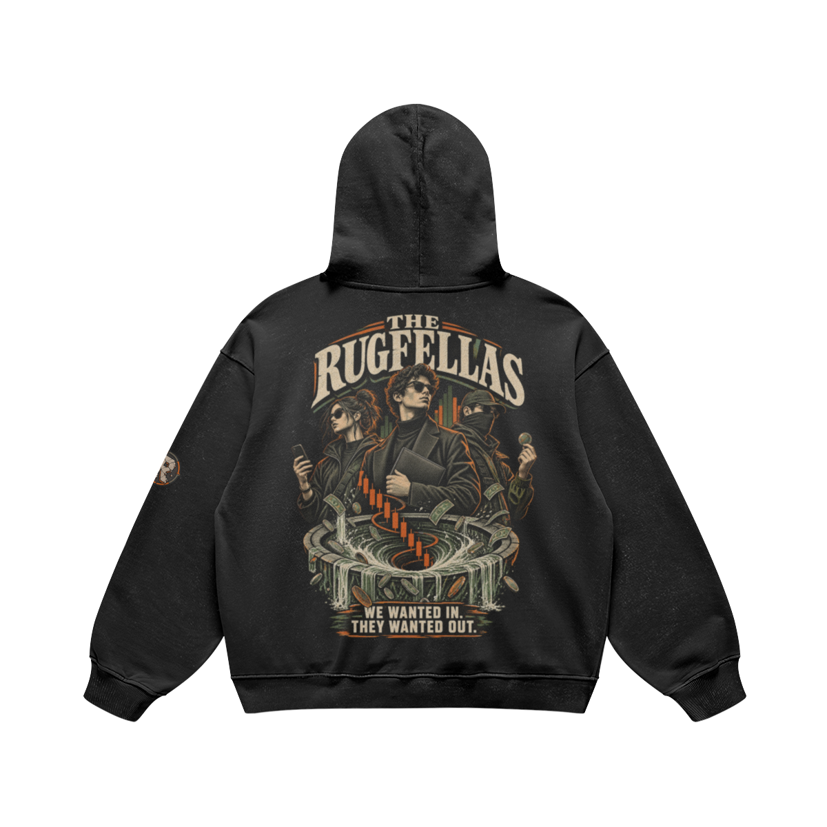 Faded Black T4 440GSM Retro hoodie with The Rugfellas full-back crypto streetwear artwork